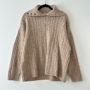 Vintage Beige Wool & Silk Quarter Button Collared Cable Sweater Made In Italy